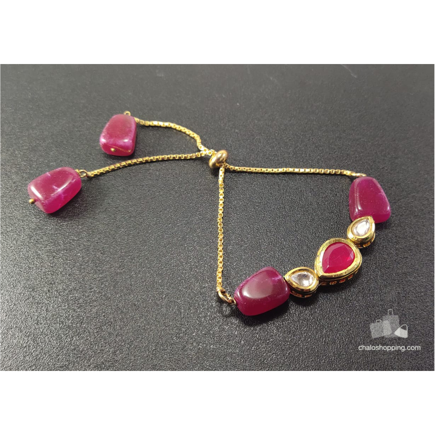Onyx Stone Kundan Chain Bracelet - Ruby Red