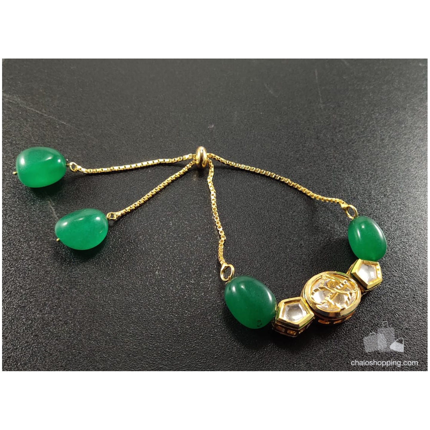 Onyx Stone Kundan Chain Bracelet - Green