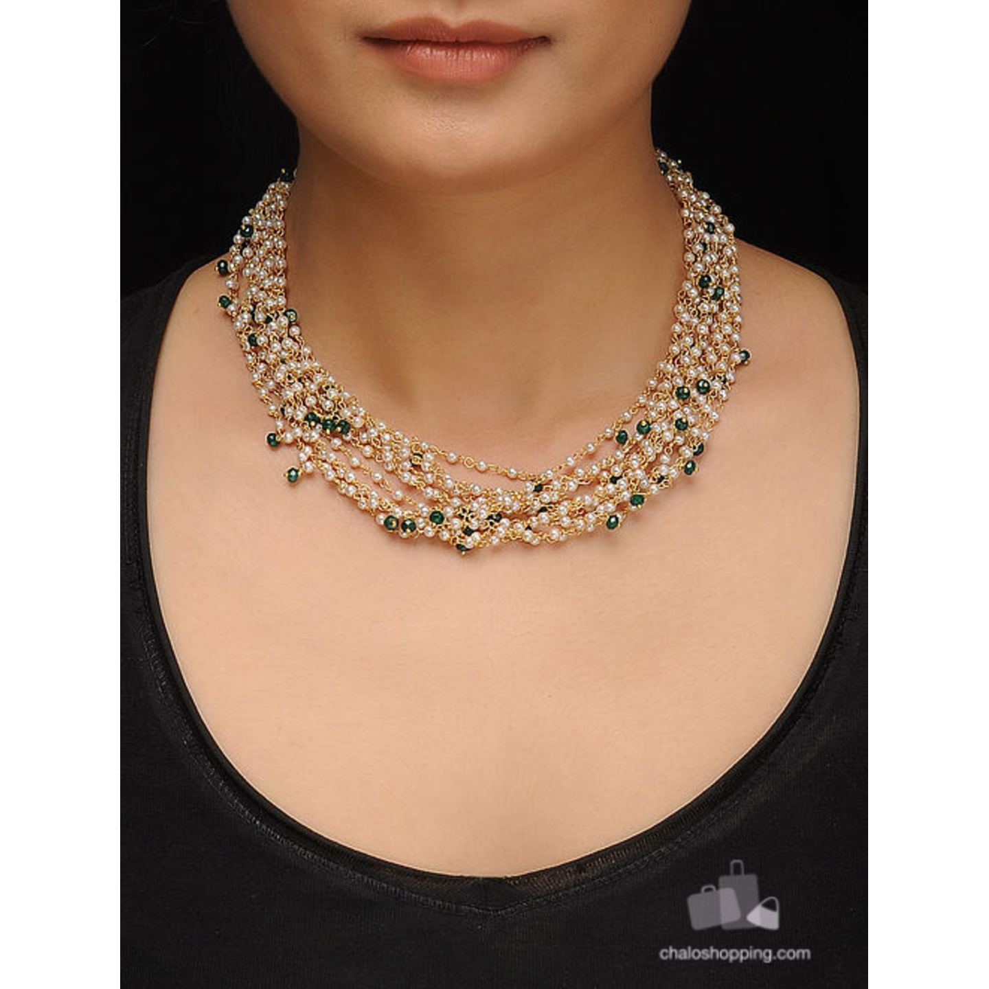 Green onyx and Faux Pearl Multilayer Necklace