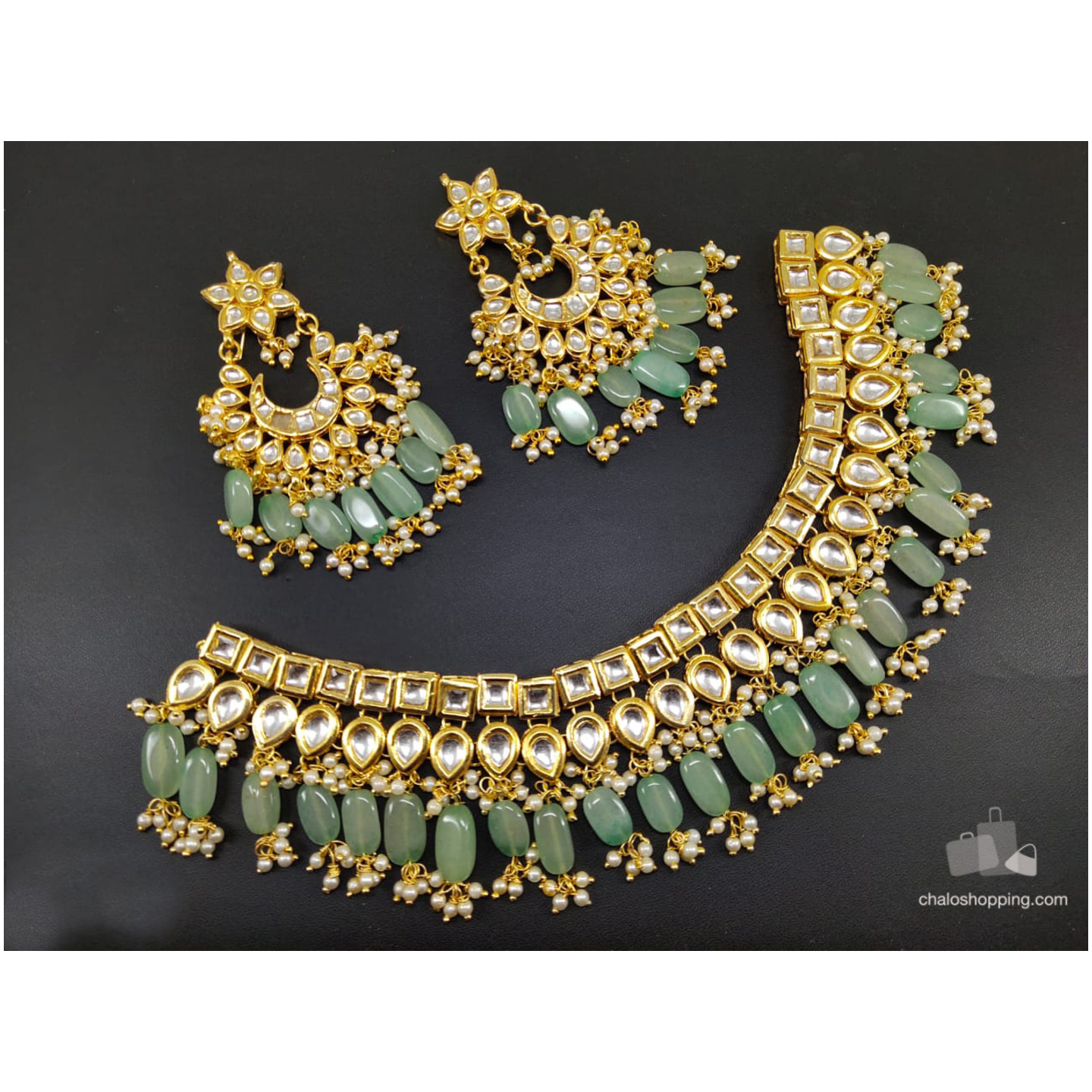 Jade Green Agate Kundan Necklace set