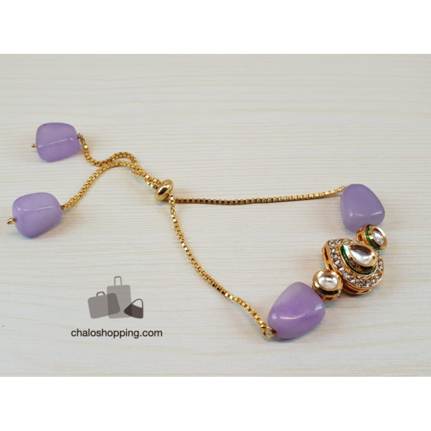 Onyx Stone Kundan Chain Bracelet - Mauve Color