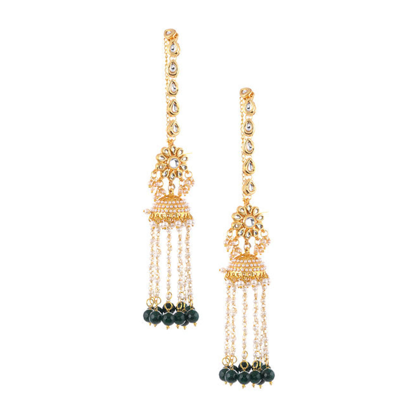 Green Gold Tone Kundan Beaded Jhumki Earrings with Chain