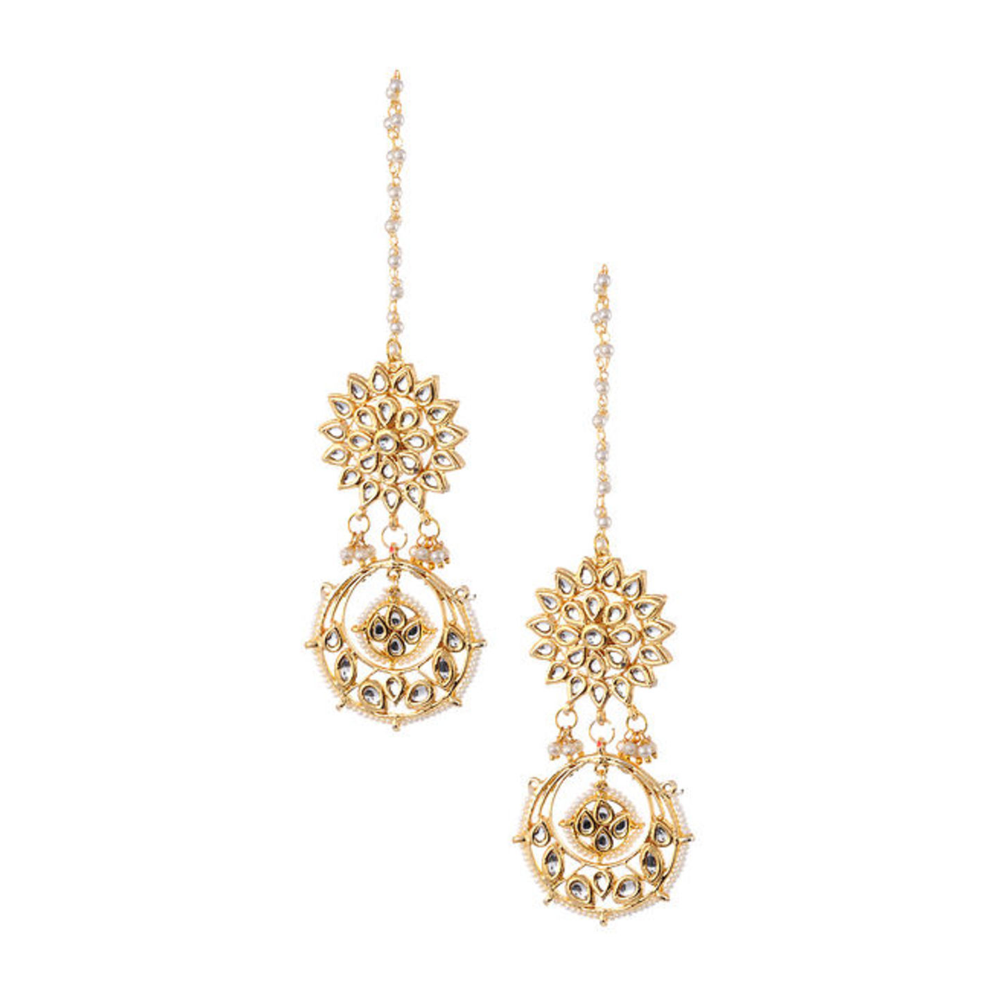 Gold Tone Kundan Beaded Earrings with Earchains