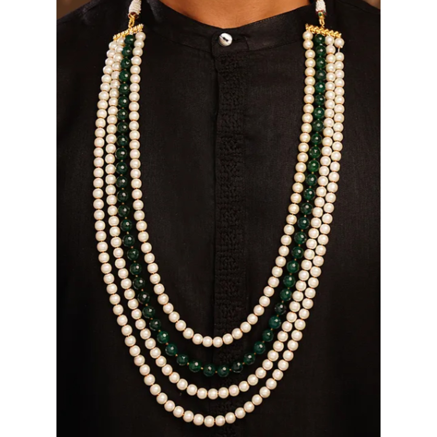 White Green Beaded Layered Necklace With Pearls For Men