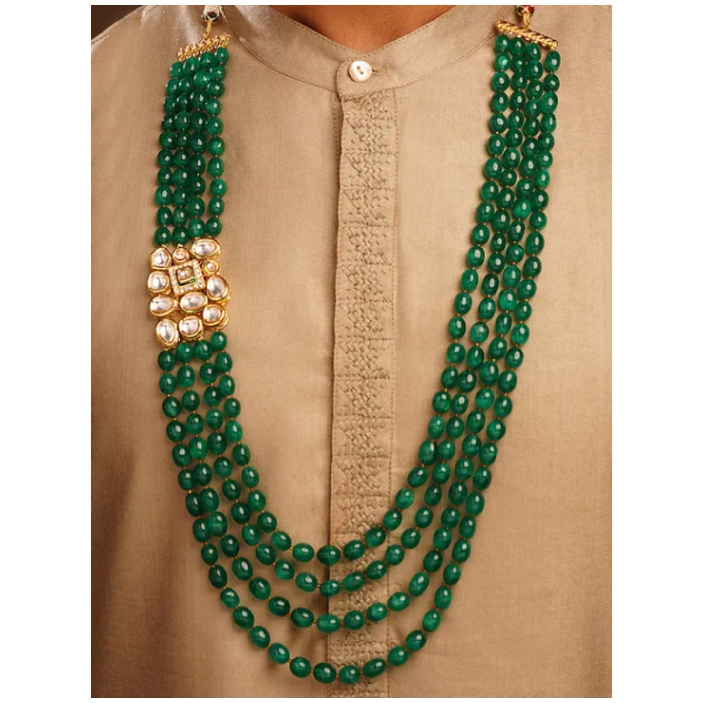 Green Gold Tone Kundan Beaded Necklace For Men