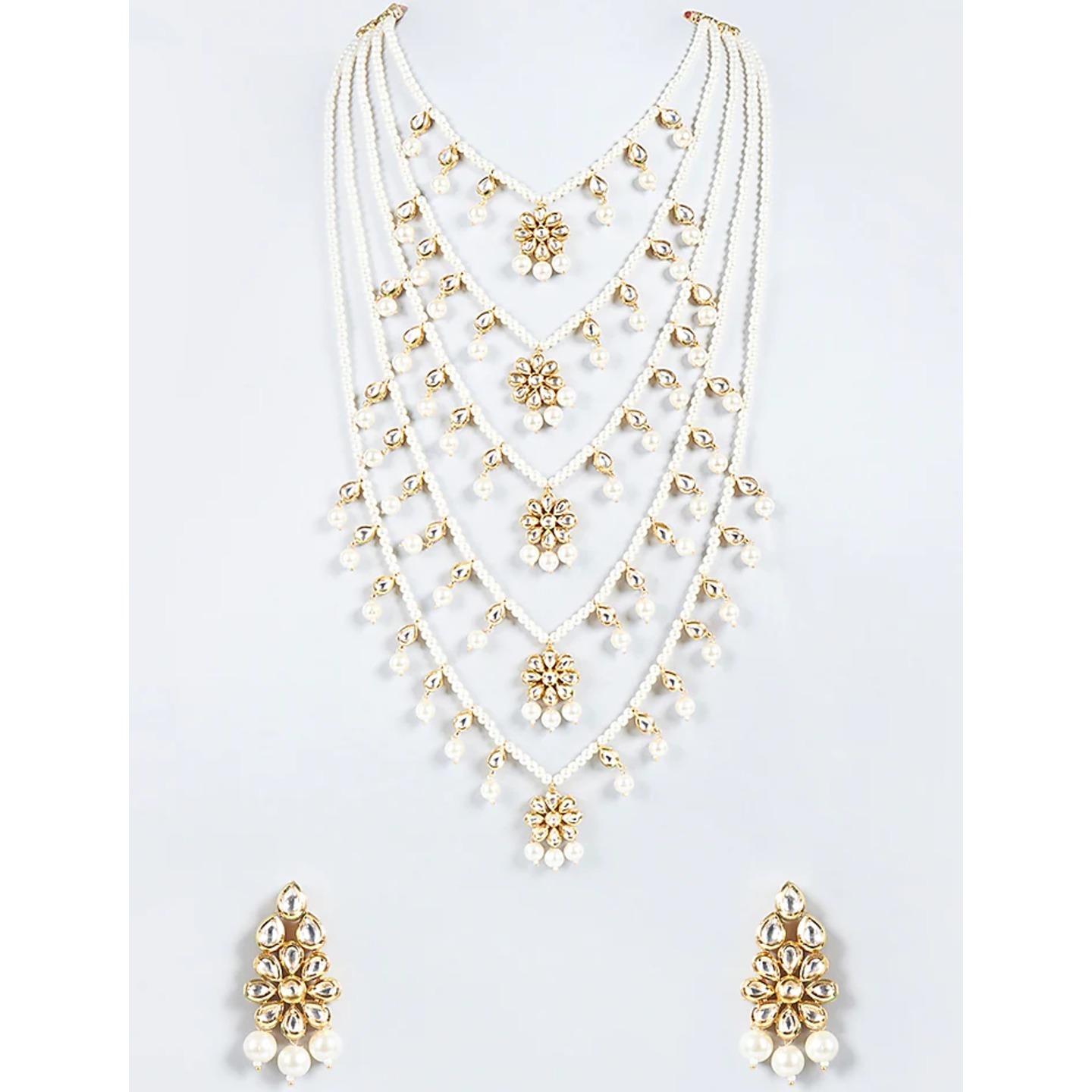 Gold Plated Pearl Layered Necklace Set  With Earring