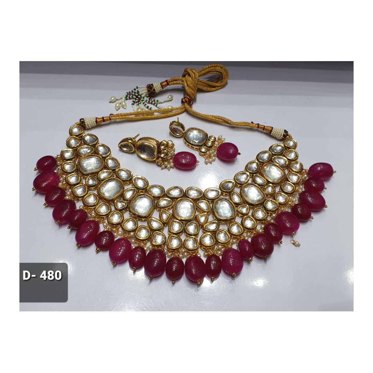 High Quality Kundan Necklace Set With Earring Maroon Stone
