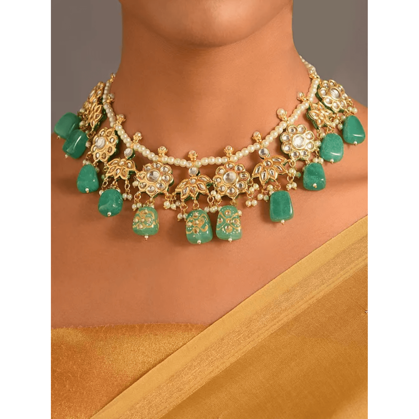 Green Gold Tone Kundan Necklace Set