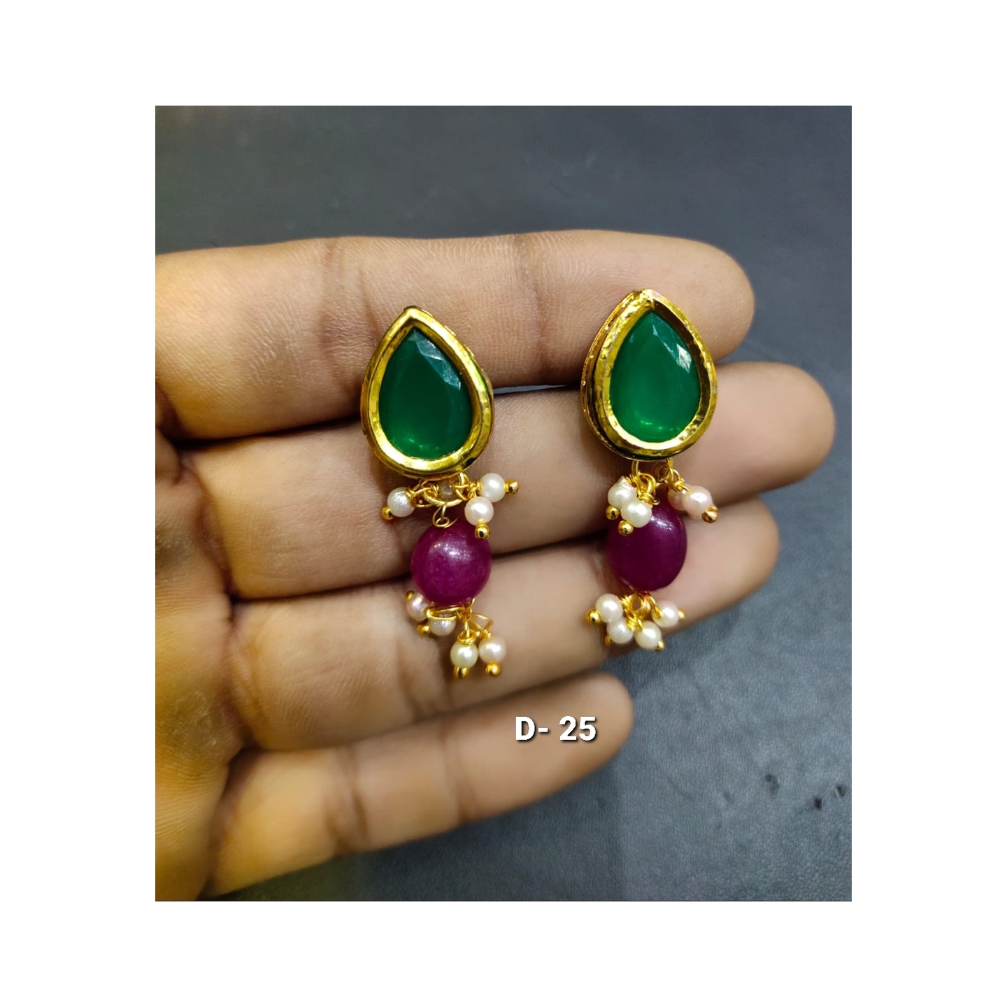 Green Stone Kundan Earring Purple Pearls