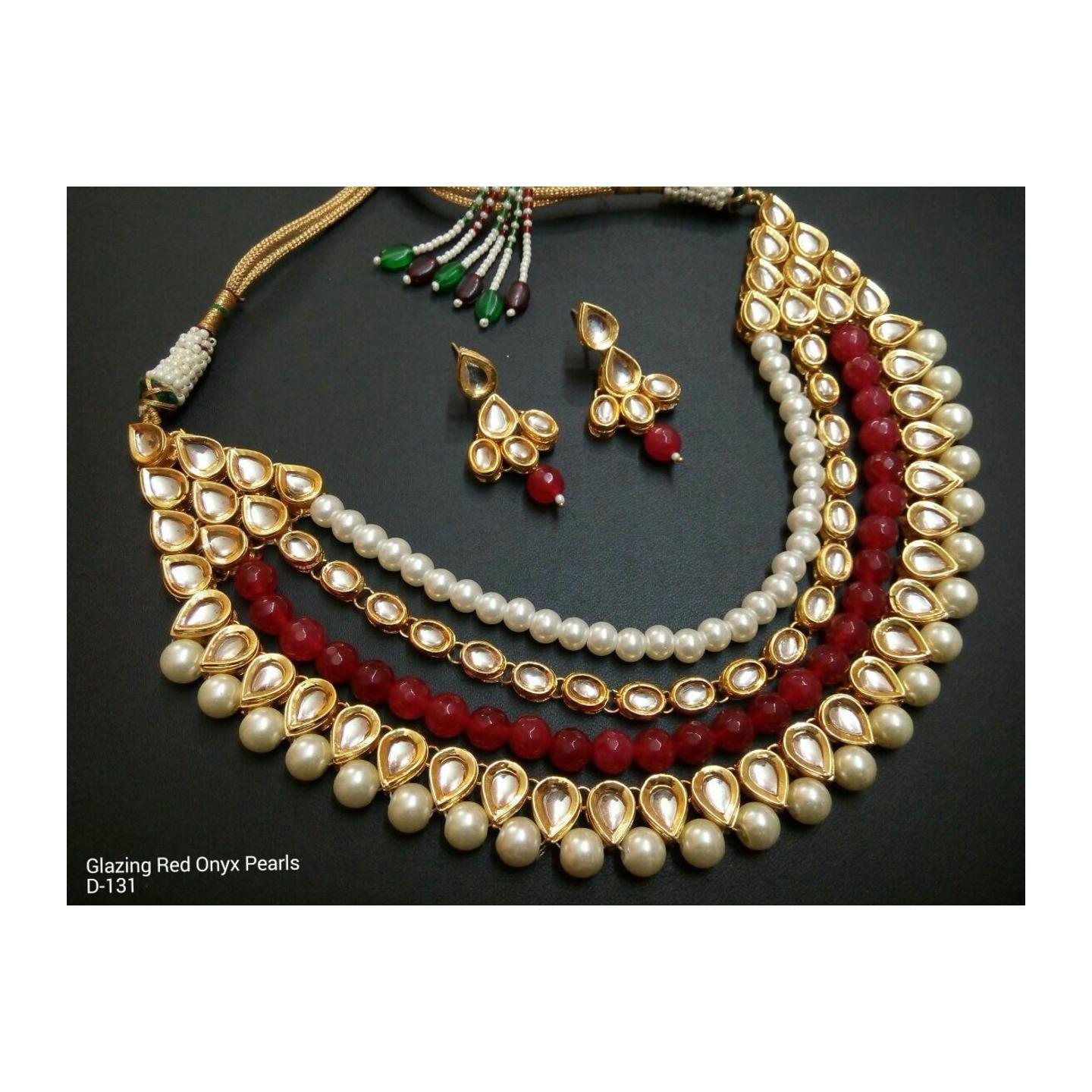 High Quality Kundan Necklace Set With Earring Glazing Red Onyx Pearl