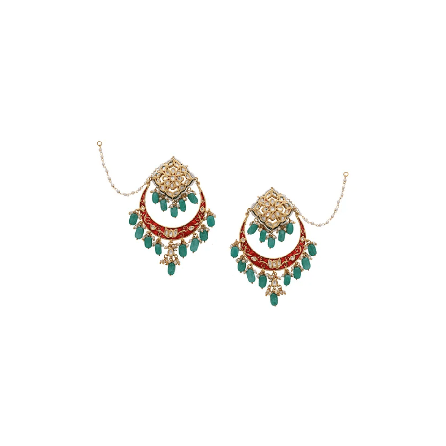 Red Green Gold Tone Kundan Earring With Ear Chain