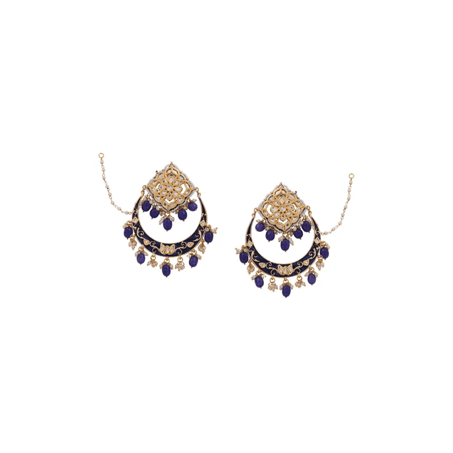 Blue Gold Tone Kundan Enameled Earring With Ear Chains