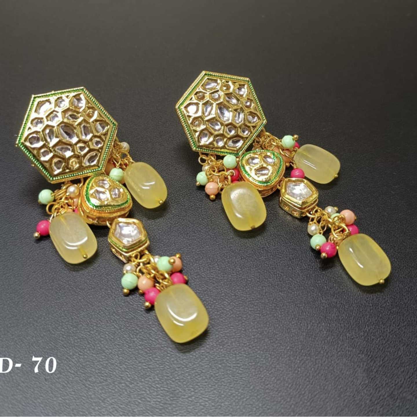 Yellow Gold Tone Kundan Earrings Onyx Stone