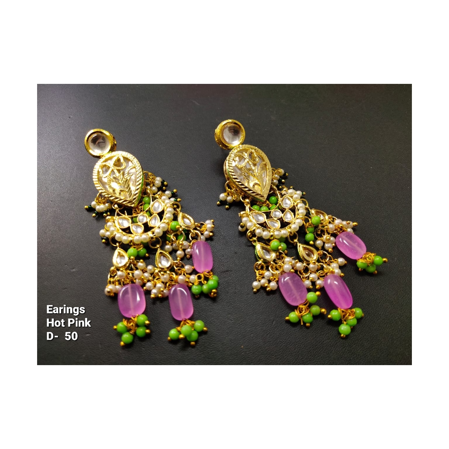 Gold Tone Kundan Earring With Pink Stone