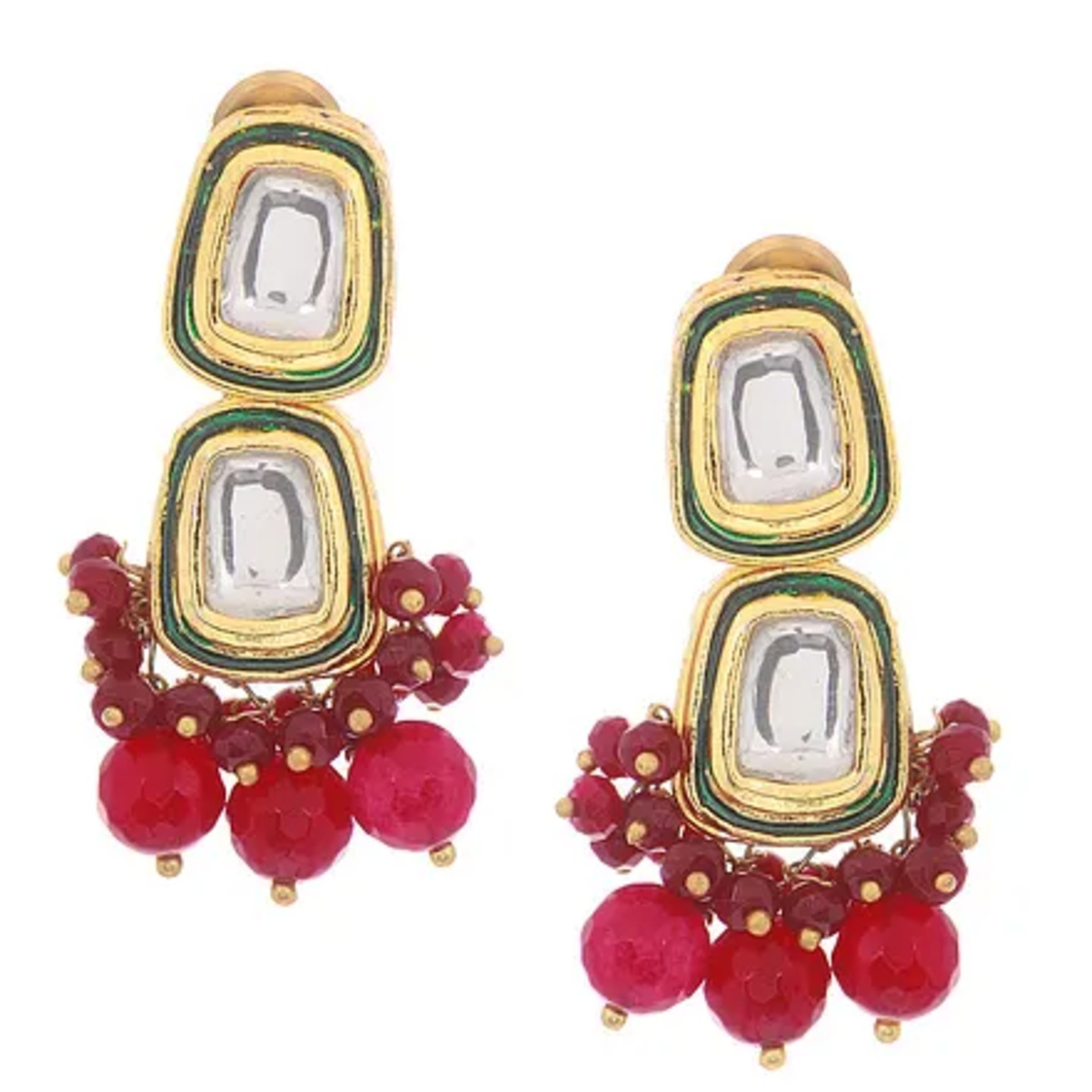 Red Gold Tone Kundan Inspired Quartz Stud Earrings