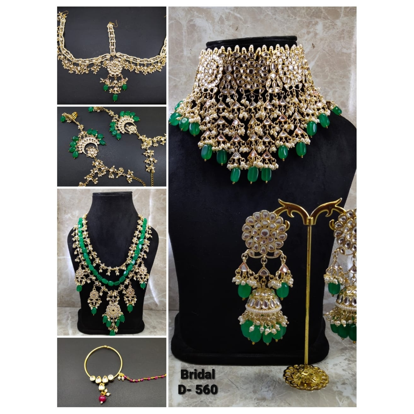 High Quality Kundan Polki Full Bridal Set with Green Onyx Stones