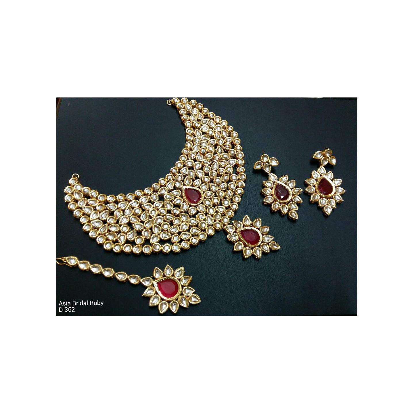 Gold Tone Kundan Necklace Set With Earring Tikka Ruby Maroon Onyx