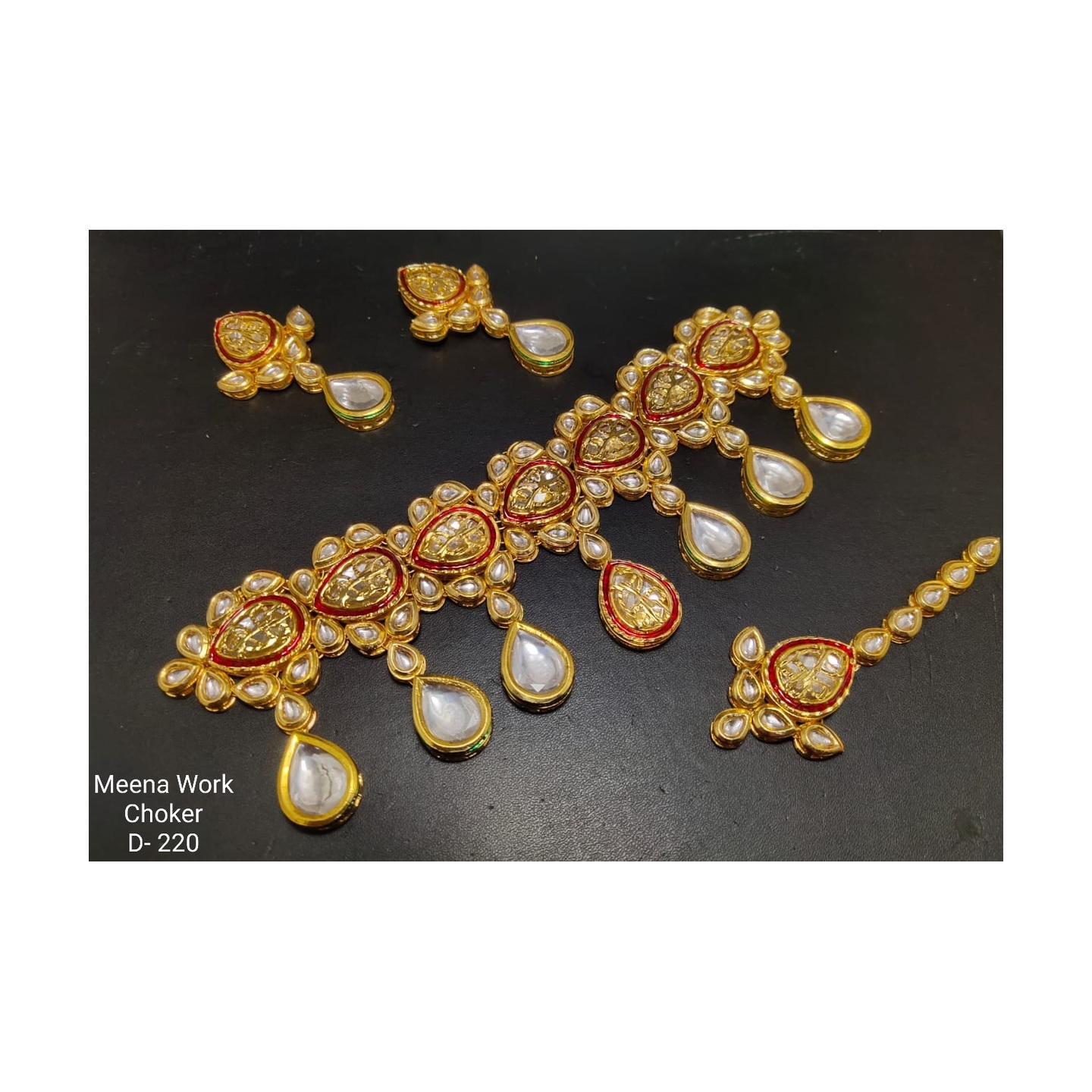 Gold Tone Kundan Choker Necklace Set With Earring , Tikka