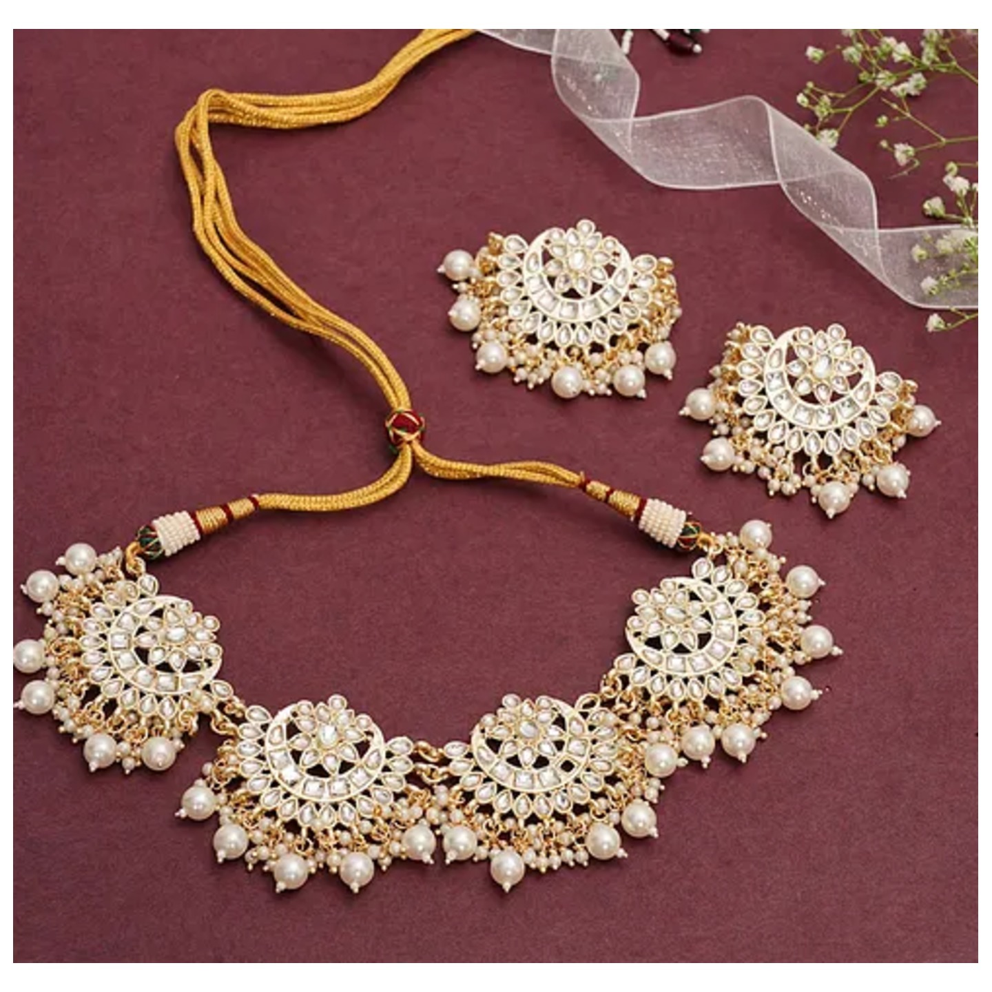 Gold Tone Kundan Necklace Set With Earring Onyx Pearls