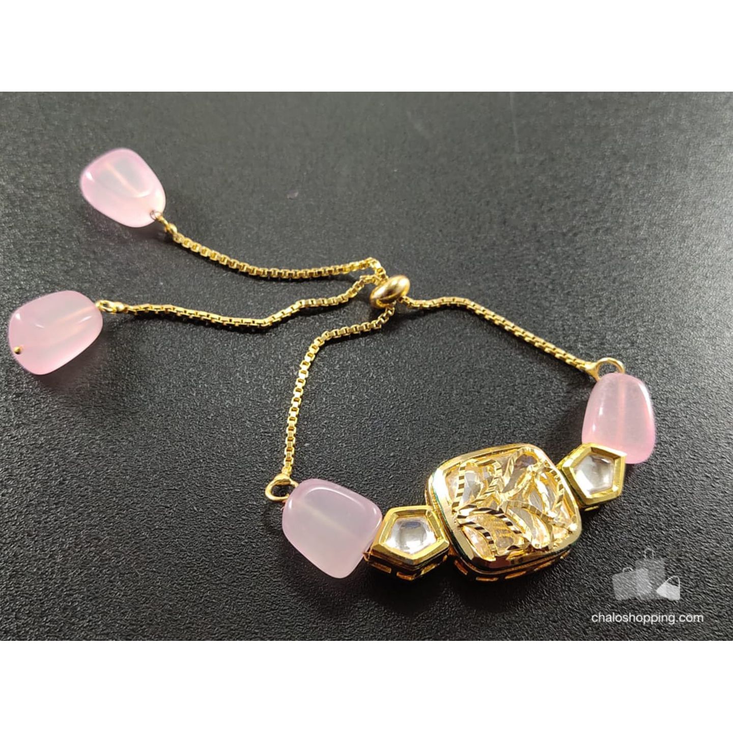 Onyx Stone Kundan Chain Bracelet - Baby Pink