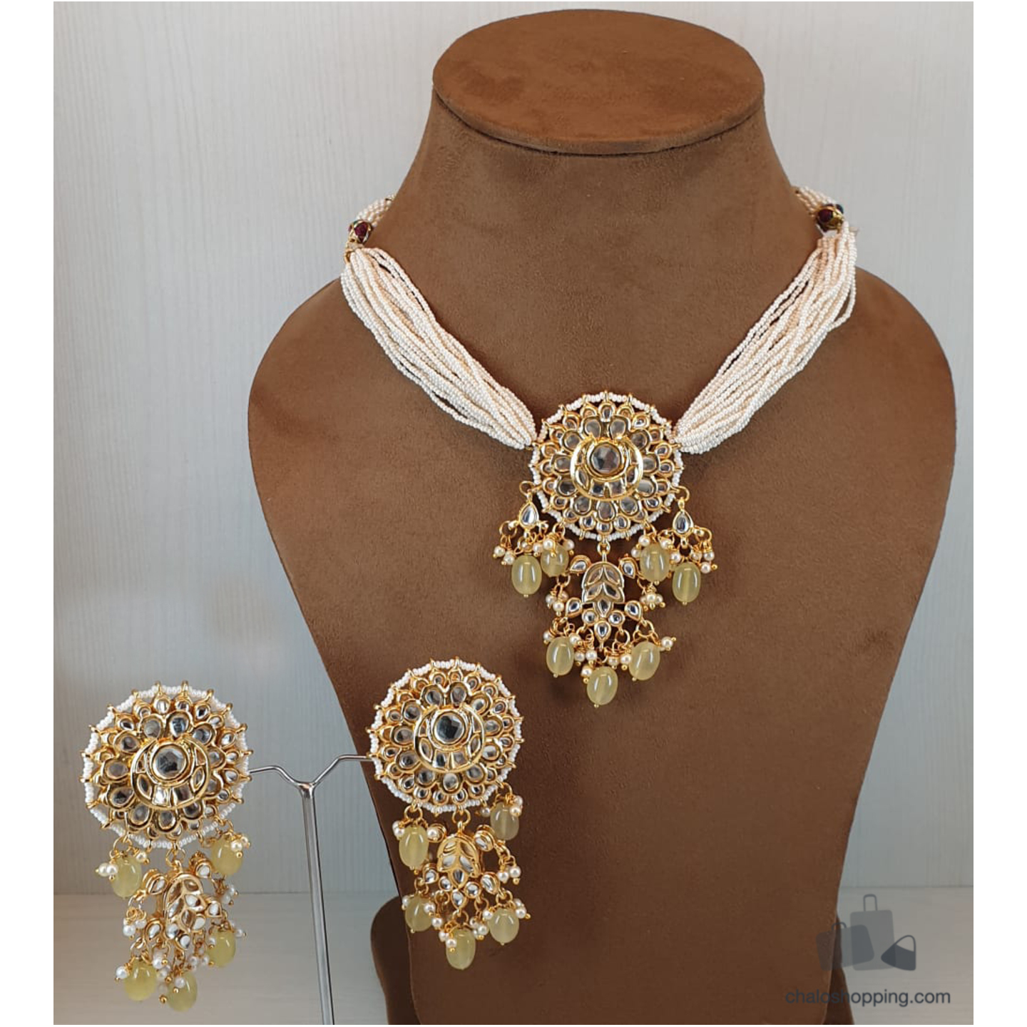 Seed Bead Pearl Neckline Kundan Necklace with Earrings