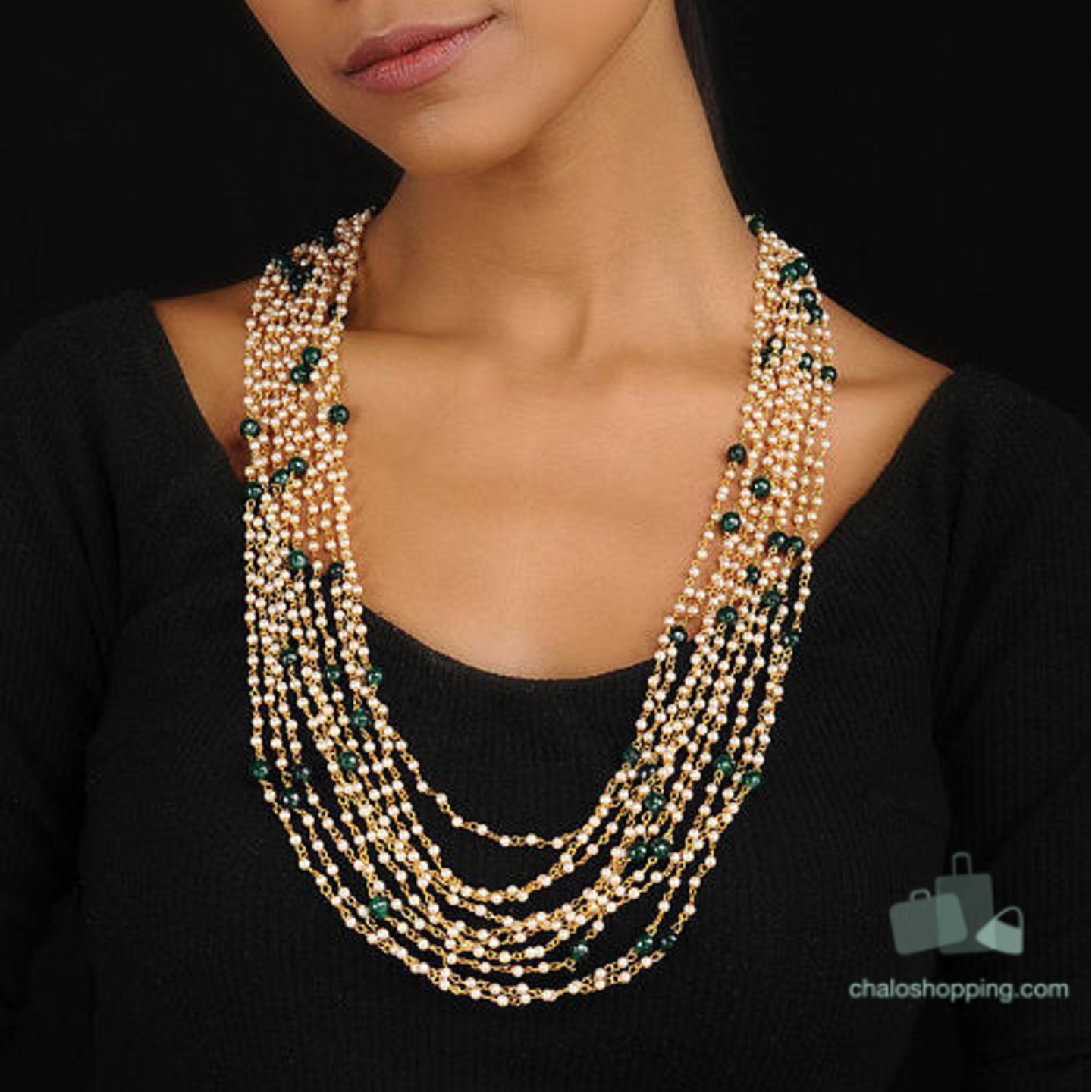 Multistring Green Onyx Jaipuri Pearl Necklace