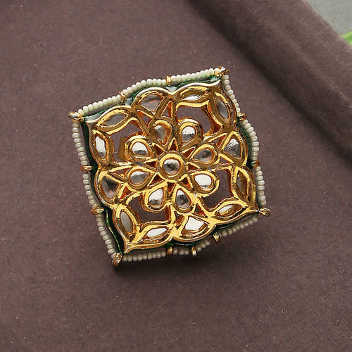 Gold Tone Kundan Beaded Ring