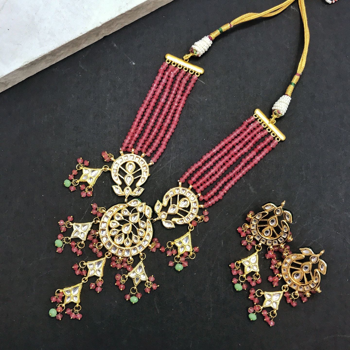 Pink and Blue Onyx Gold Tone Kundan Necklace with Earrings Set of 2