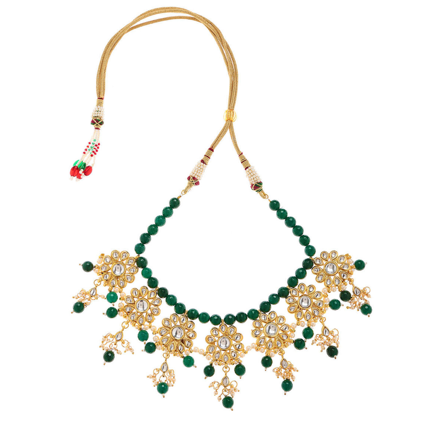 Green Gold Tone Kundan Inspired Necklace with Earrings and Maang Tikka Set of 3