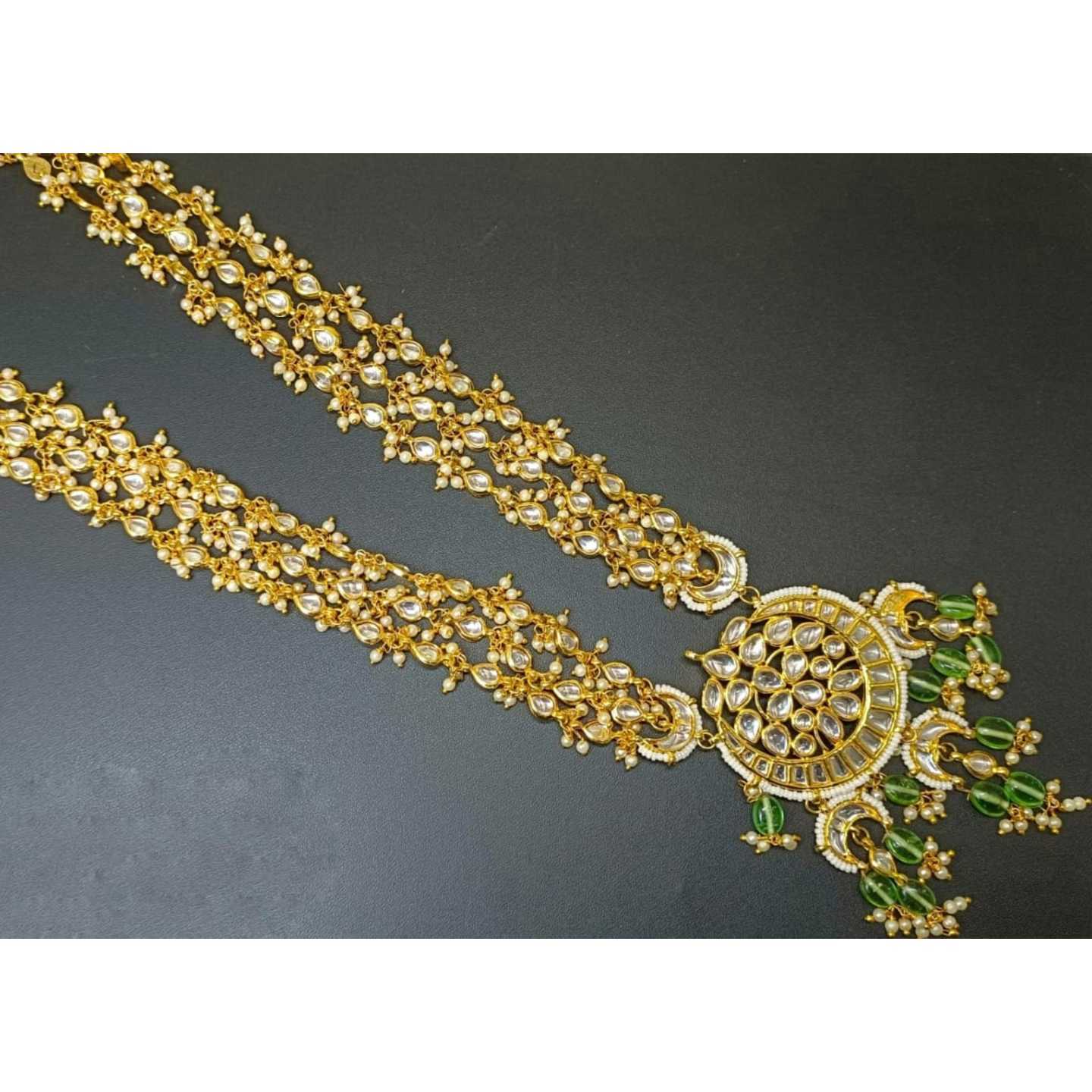 Gold Tone Kundan Long Necklace Set With Earring Onyx Pearls