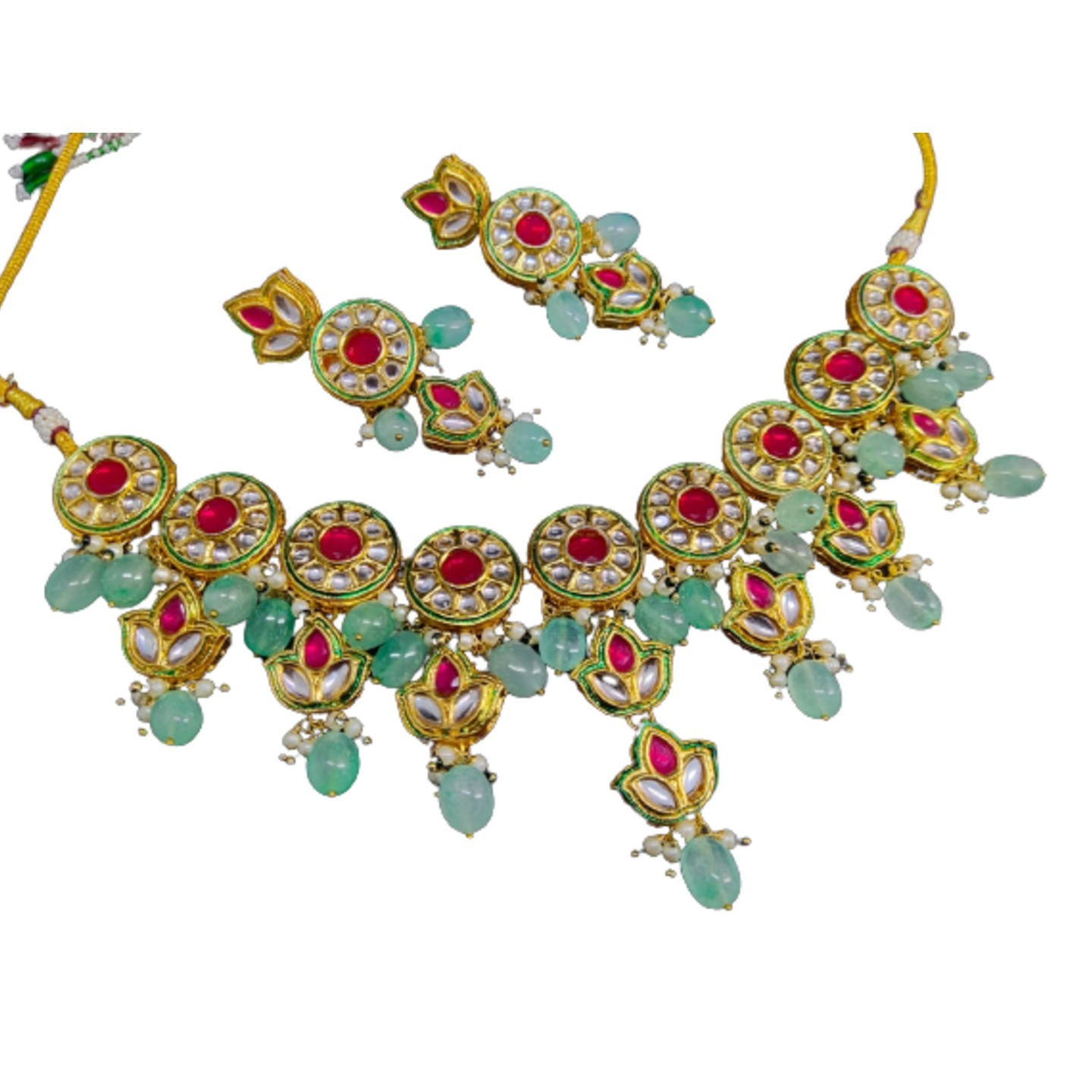 See Green Gold Tone Kundan Necklace Set With Earring