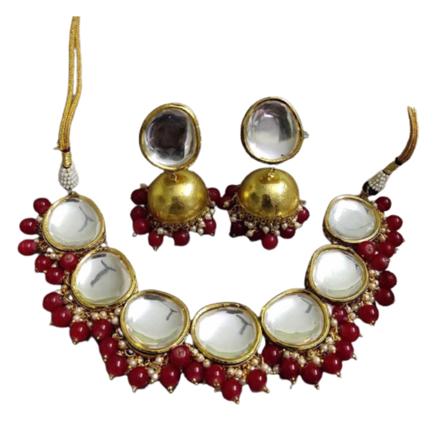 Gold Tone Kundan Necklace Set With Earring Maroon Stone