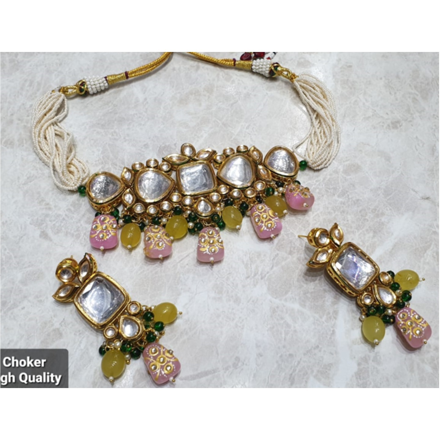 Kundan Choke Necklace Set With Earring Pink Onyx Stone