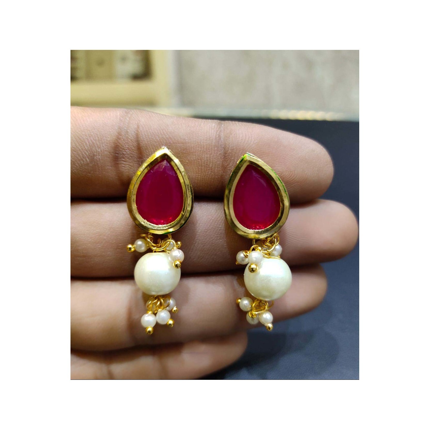 Kundan Earring Ruby stone And White Pearls