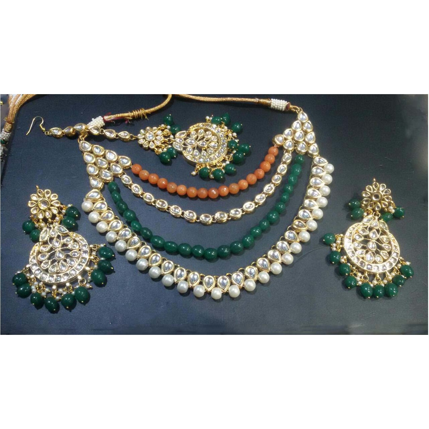 Gold Tone Kundan Triple Layer Necklace Set With Earring Tikka