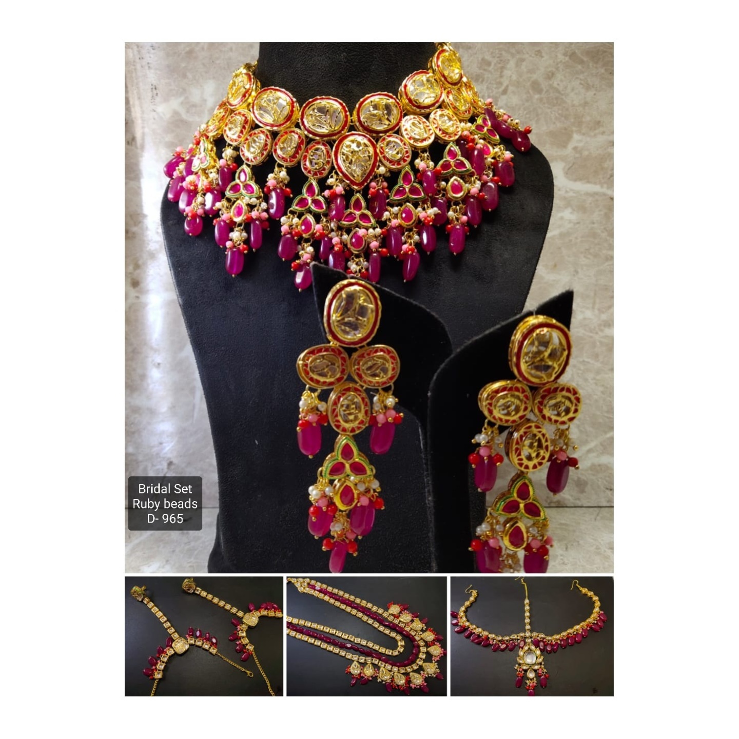 High Quality Kundan Polki Full Bridal Set with Ruby Beads