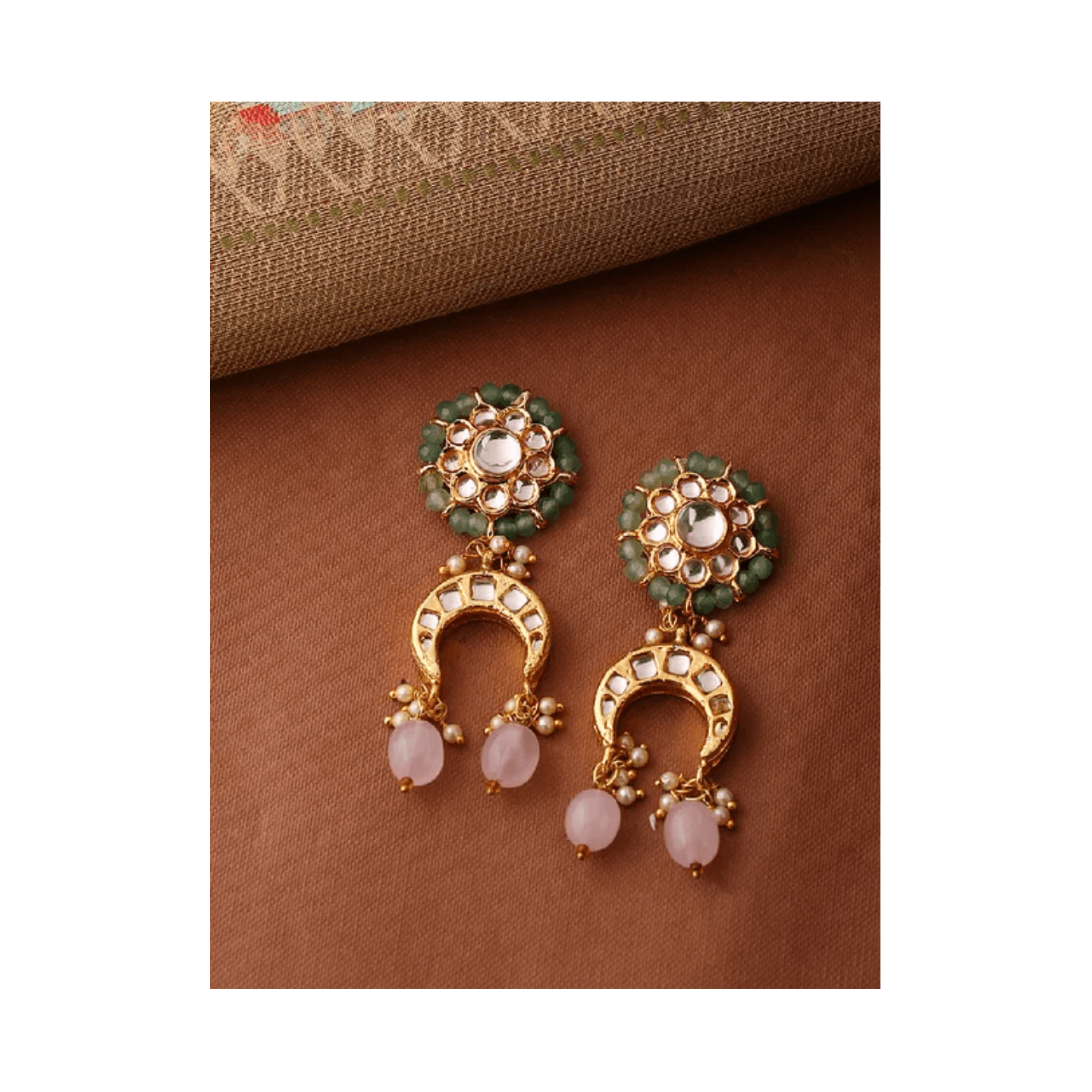 Pink Green Gold Tone Kundan Earring