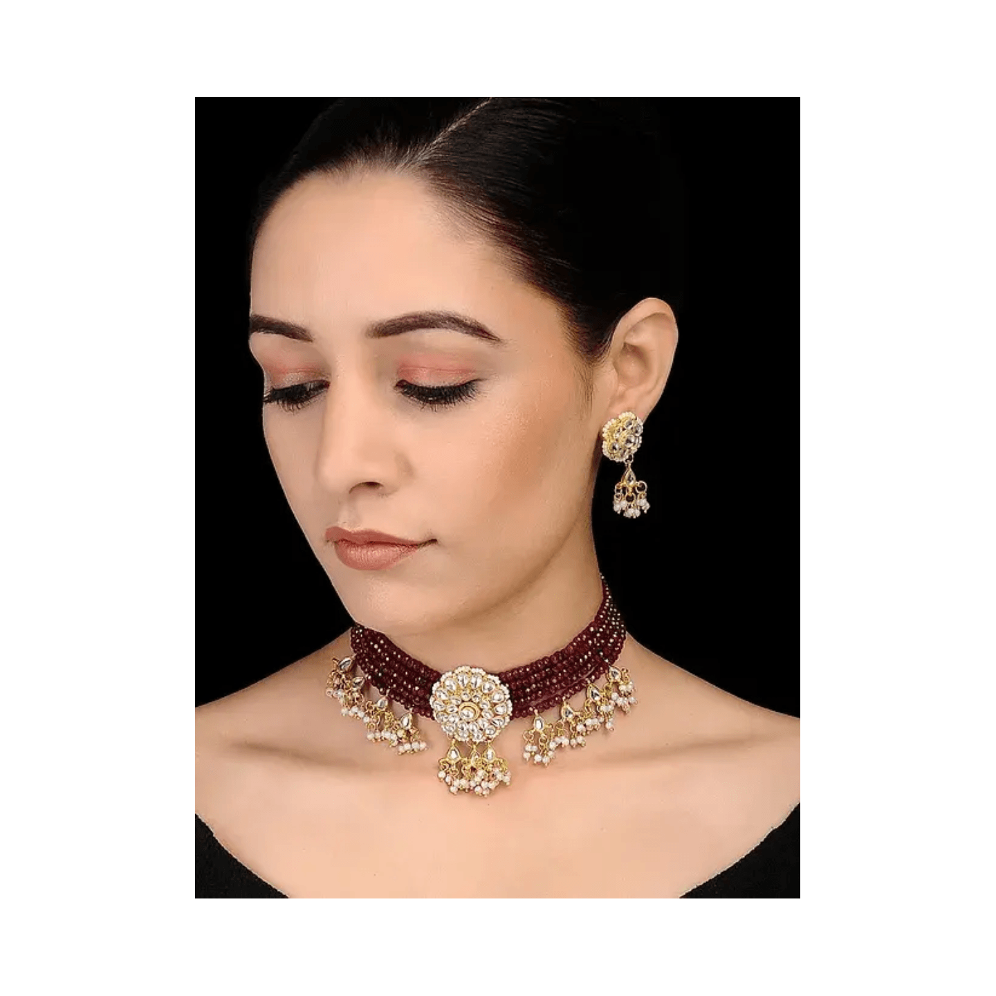 Maroon Gold Tone Kundan Inspired Onyx Beaded Necklace With Earring