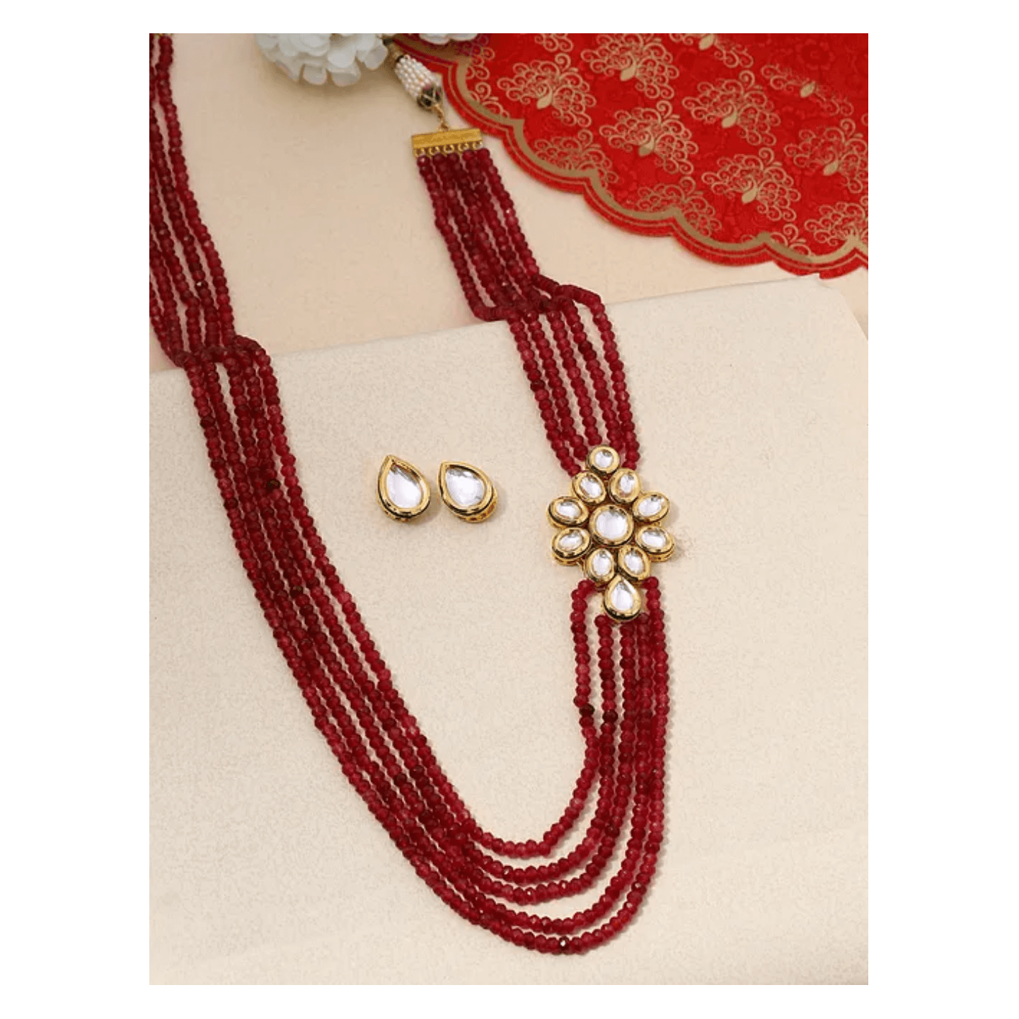 Maroon Gold Tone Kundan Beaded Necklace With Earring