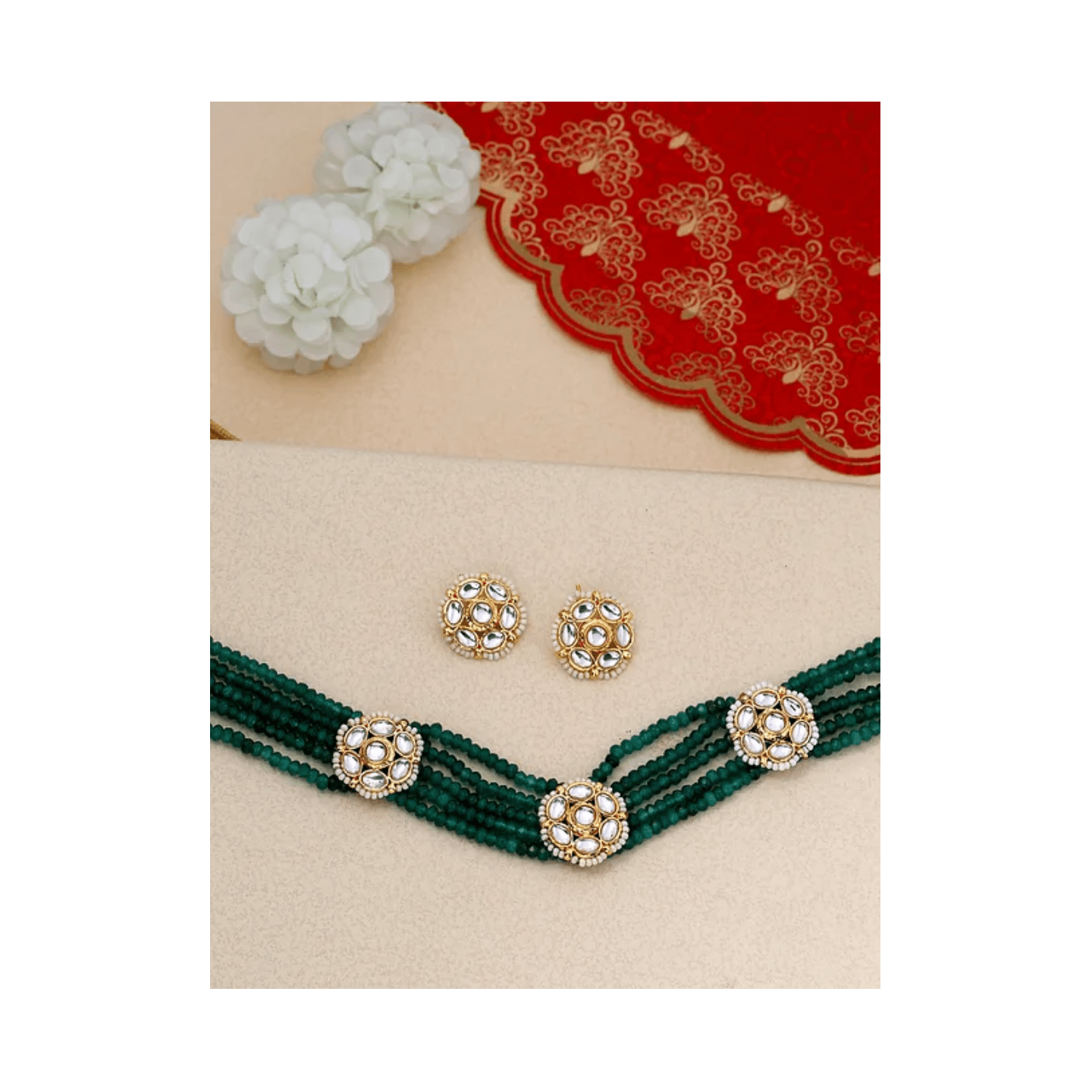 Green Gold Tone Kundan Beaded Choker Necklace With Earring