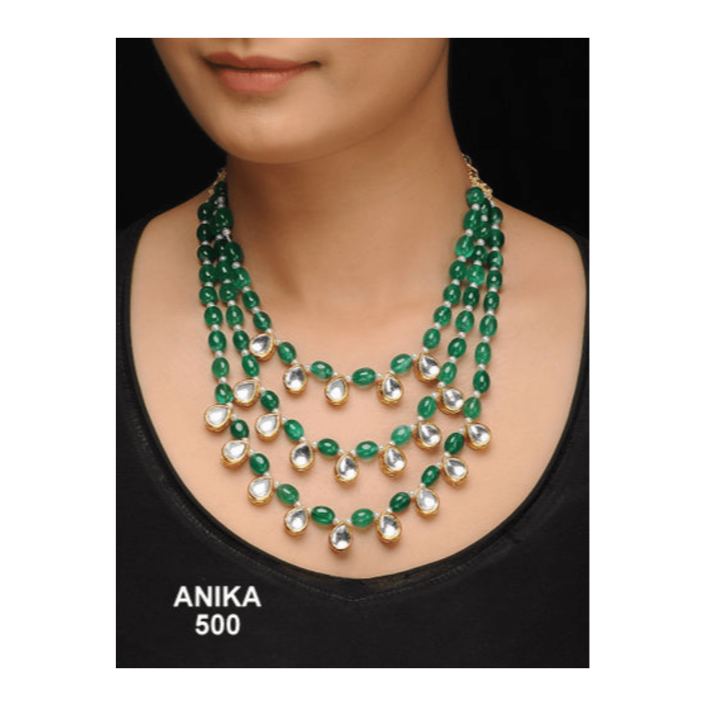 Triple Layer Kundan Necklace Green Onyx Pearl