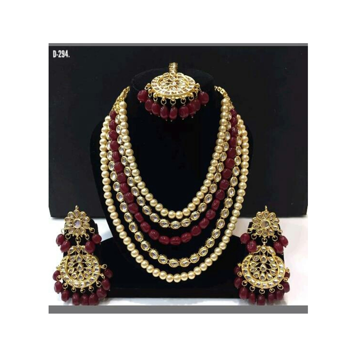 Kundan Triple Layer Necklace Set With Earring Ruby Onyx Pearl