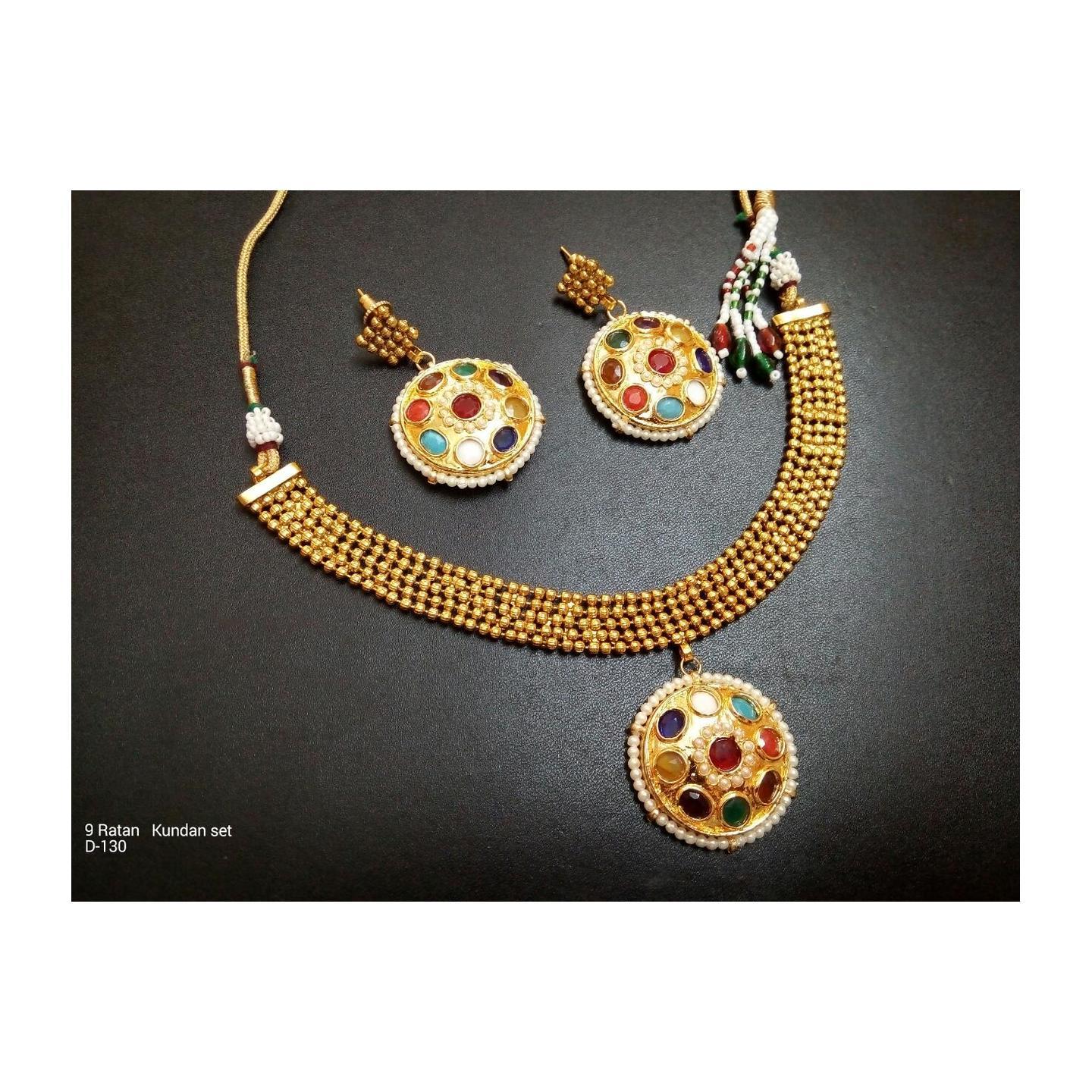 Kundan Choker Nave Ratan Necklace Set With Earring