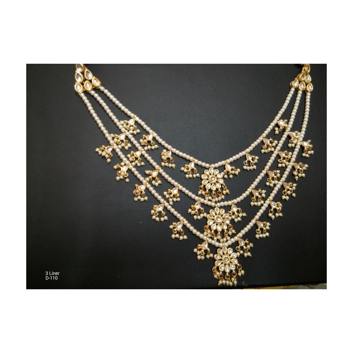 Kundan Triple Layer  Necklace Set White Onyx Stone