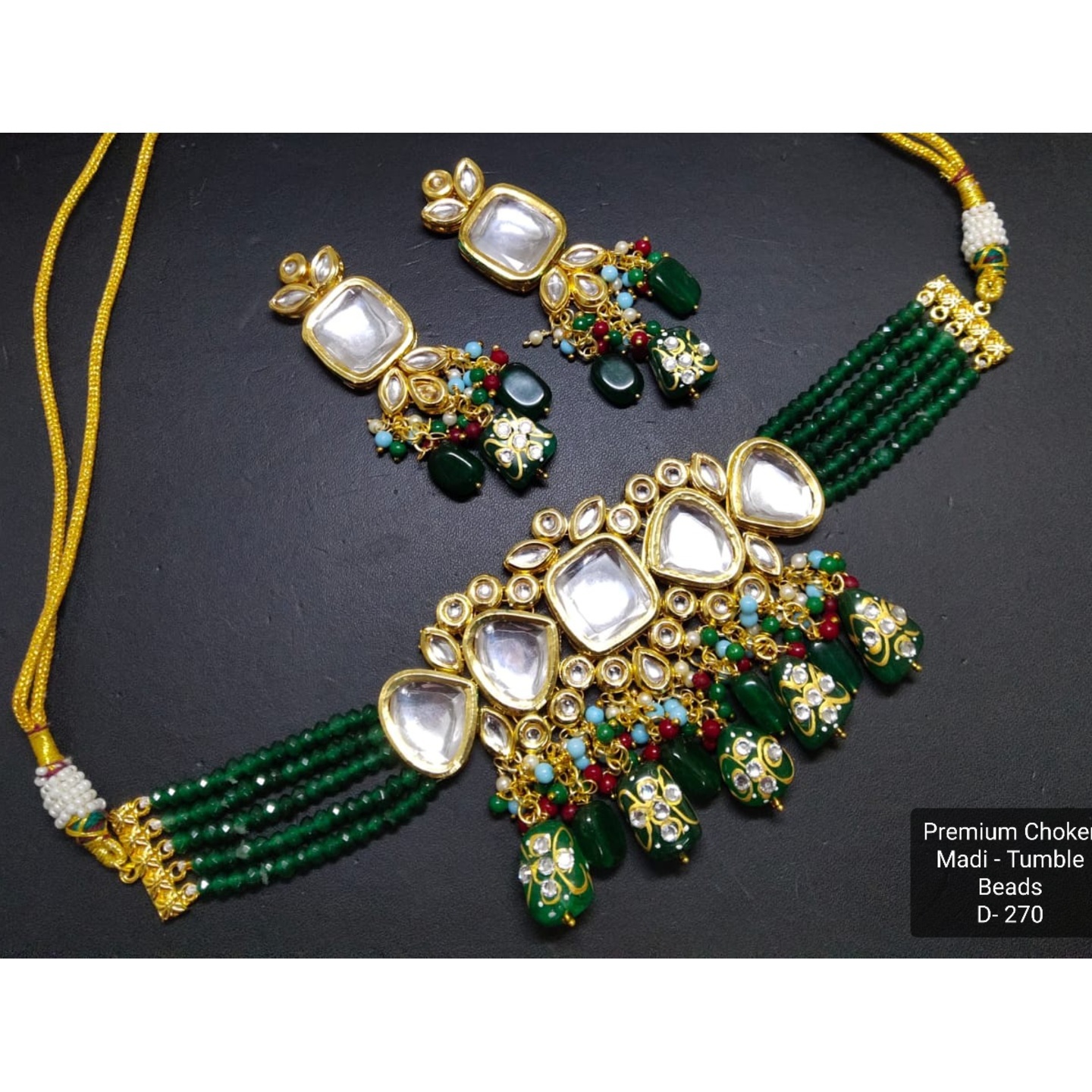 Emerald Green Onyx High Quality Kundan Necklace Set