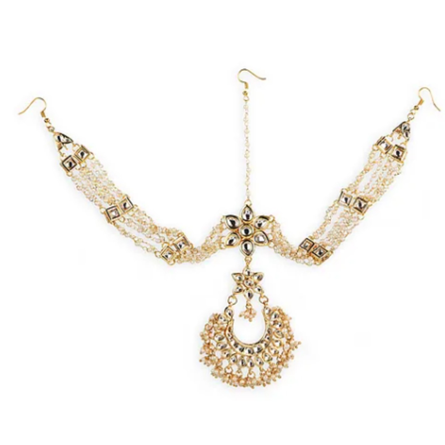White Gold Tone Kundan MathaPatti Onyx Pearls