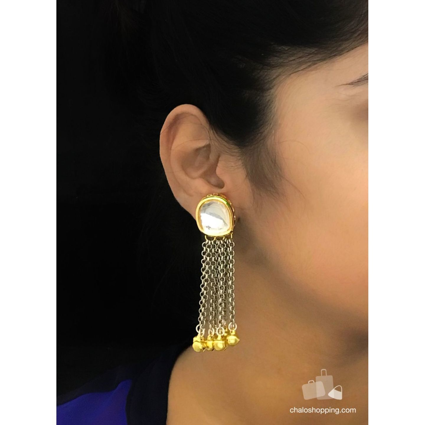 Kundan Stone Dual Tone Tassel Earring