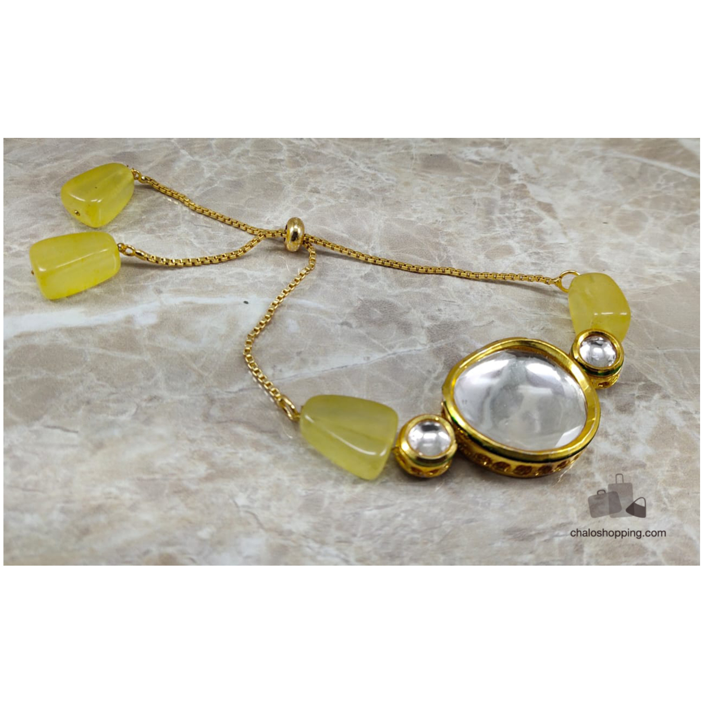 Onyx Stone Kundan Chain Bracelet - Yellow