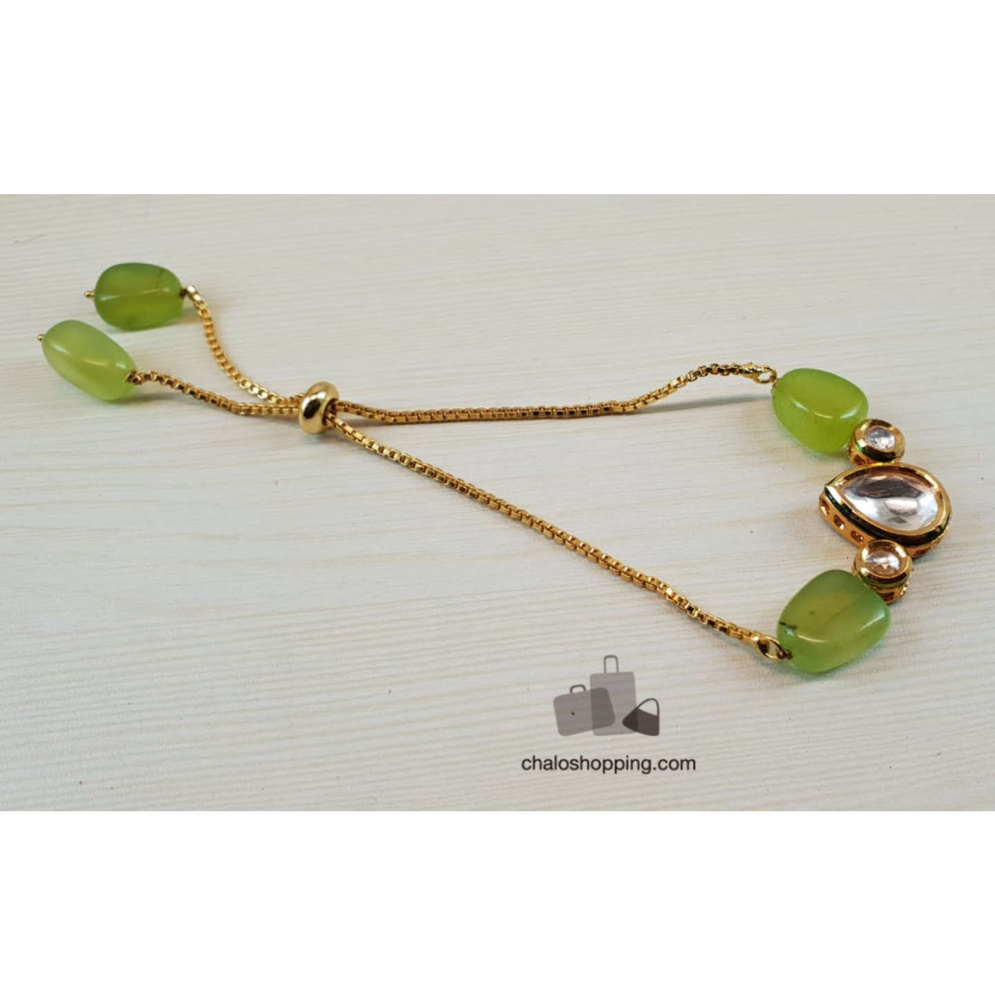 Onyx Stone Kundan Chain Bracelet - Parrot Green Color