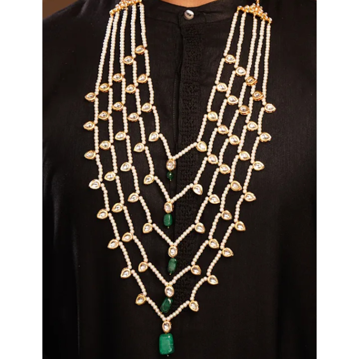Green Gold Tone Kundan Beaded Layered Necklace With Pearls For Men